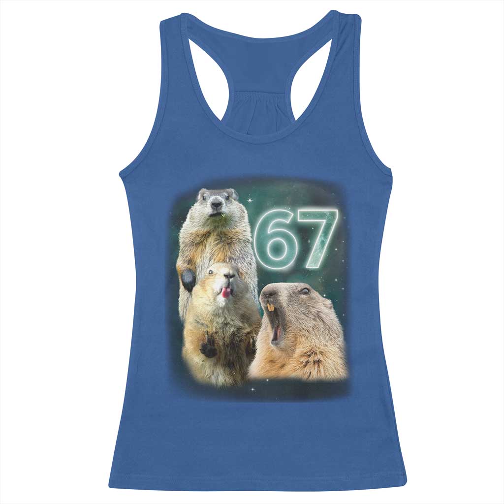 67 Meme Groundhog Racerback Tank Top Howling At The Moon Funny Six Seven Meme Ground Hog Day - Wonder Print Shop
