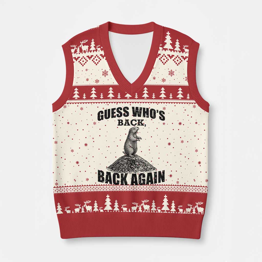 Funny Groundhog Day V-Neck Knit Sweater Vest Retro Guess Whos Back - Wonder Print Shop