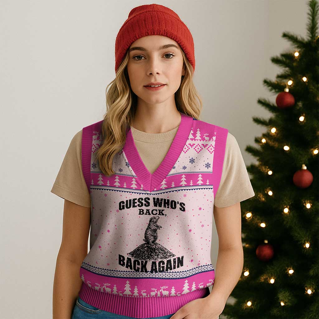Funny Groundhog Day V-Neck Knit Sweater Vest Retro Guess Whos Back - Wonder Print Shop