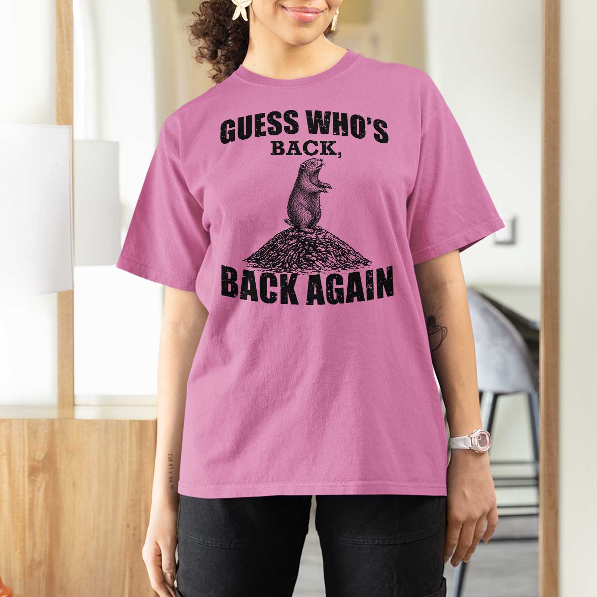 Funny Groundhog Day T Shirt For Women Retro Guess Whos Back - Wonder Print Shop