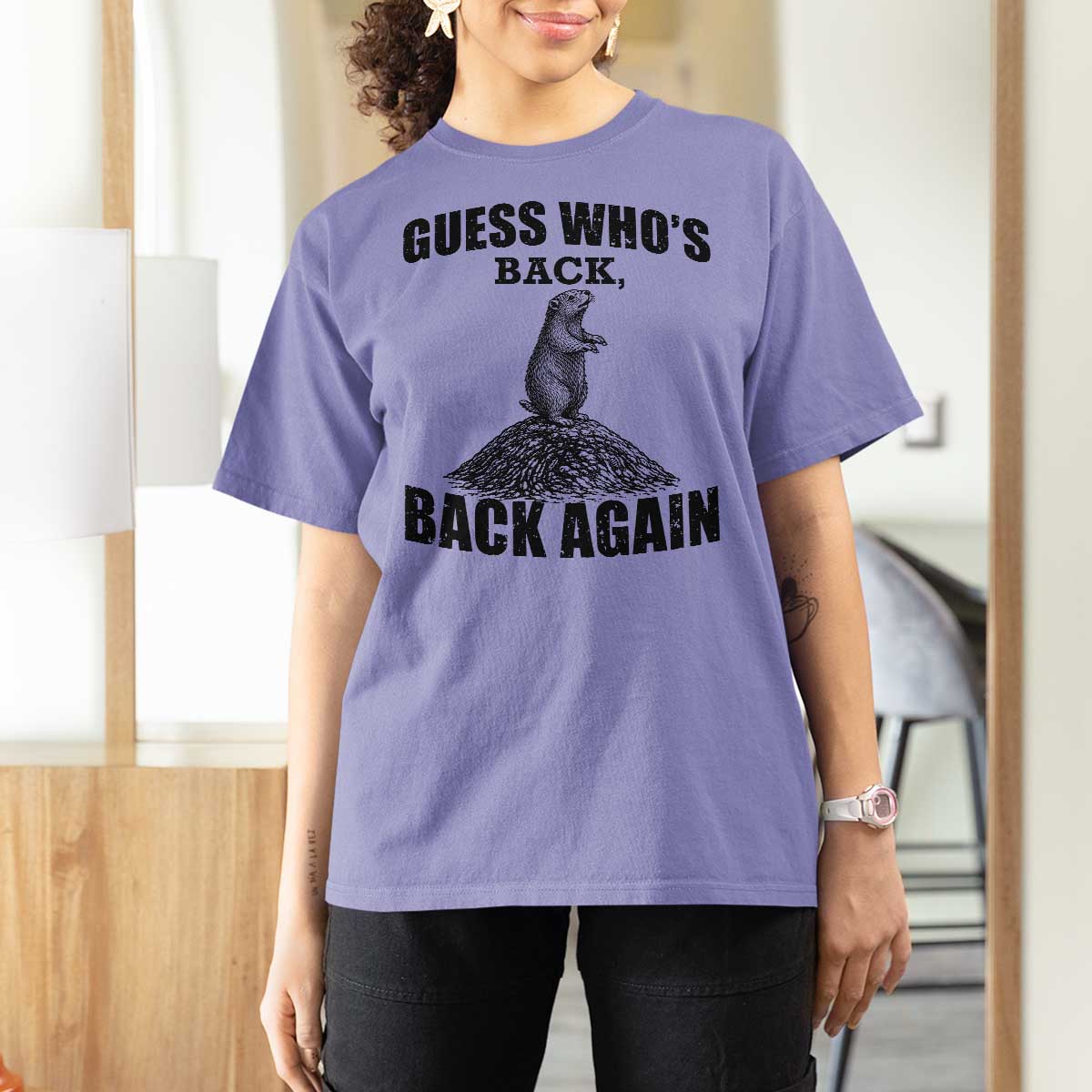 Funny Groundhog Day T Shirt For Women Retro Guess Whos Back - Wonder Print Shop