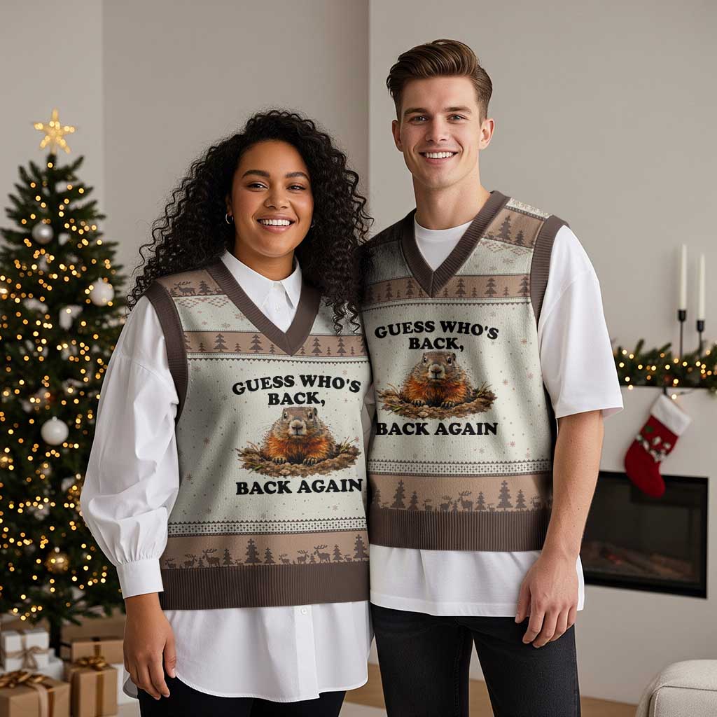 Groundhog Day V-Neck Knit Sweater Vest Funny Woodchuck Guess Whos Back - Wonder Print Shop