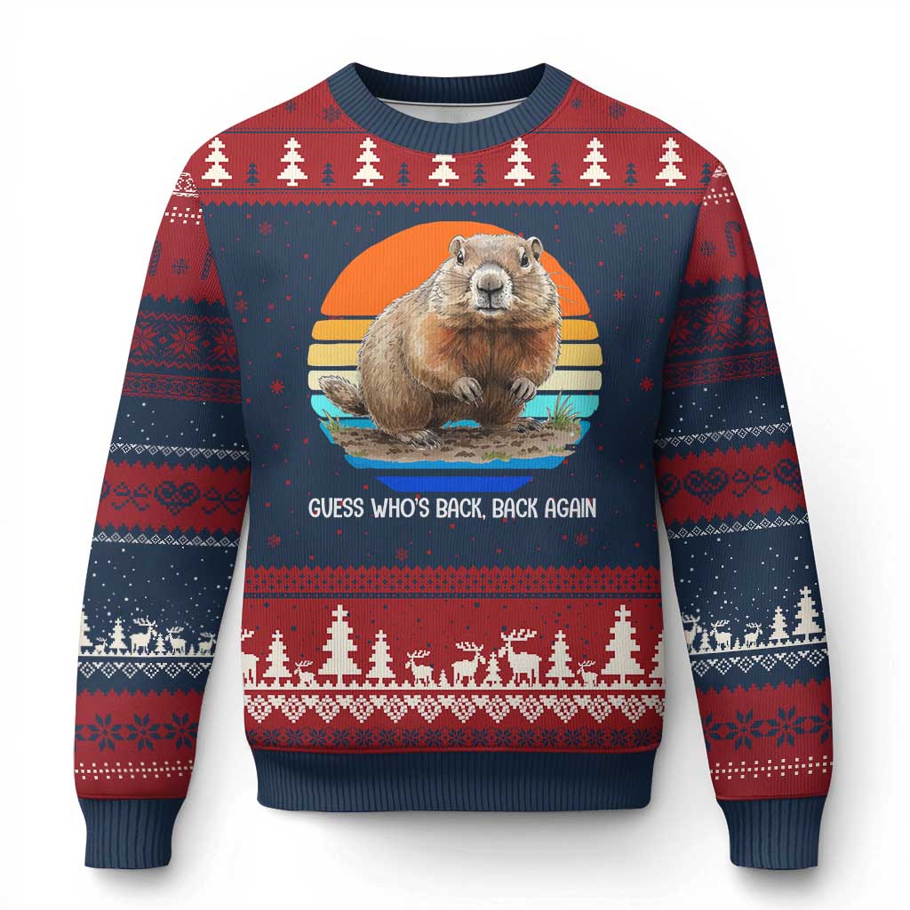 Groundhog Day Ugly Christmas Sweater Retro Vintage Funny Woodchuck Guess Whos Back - Wonder Print Shop