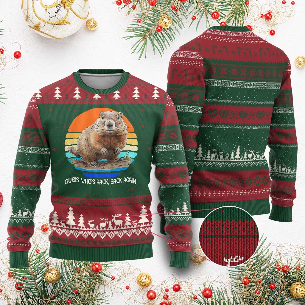Groundhog Day Ugly Christmas Sweater Retro Vintage Funny Woodchuck Guess Whos Back - Wonder Print Shop