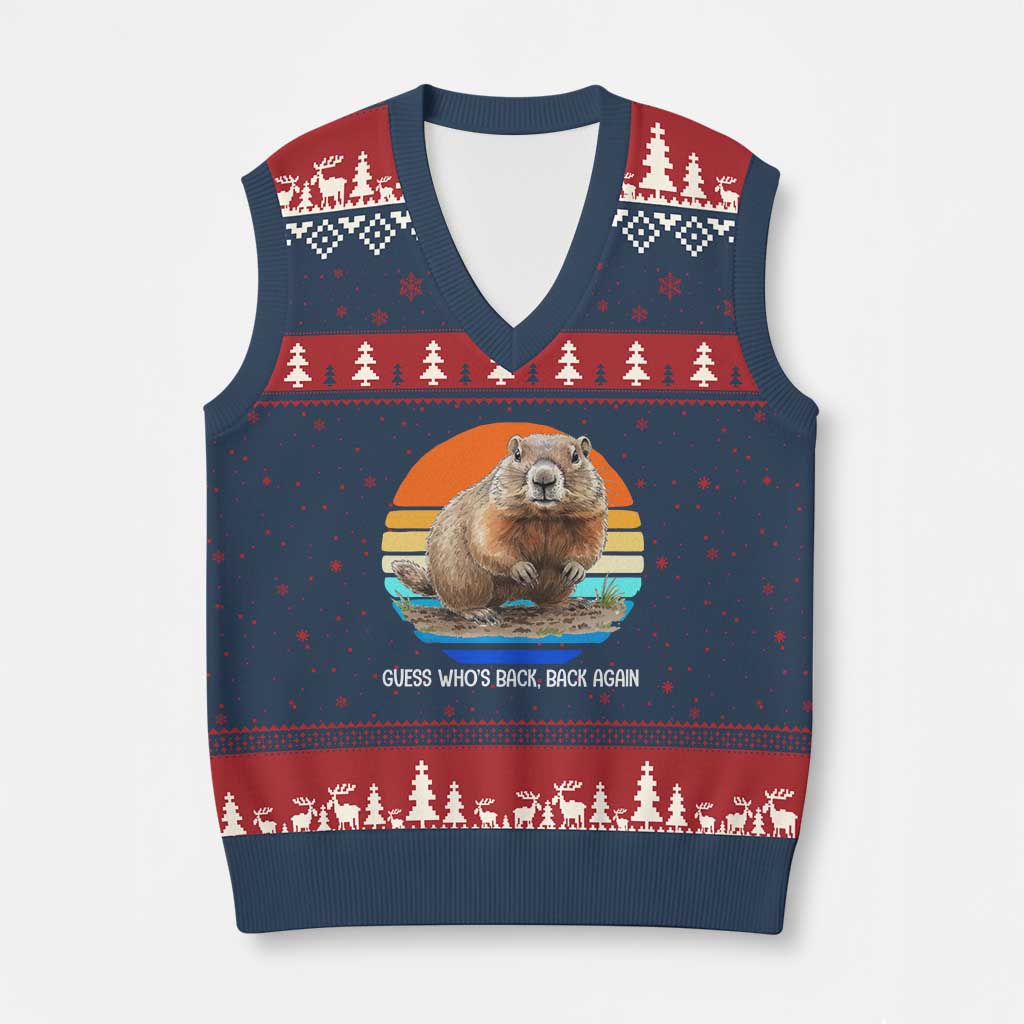 Groundhog Day V-Neck Knit Sweater Vest Retro Vintage Funny Woodchuck Guess Whos Back - Wonder Print Shop