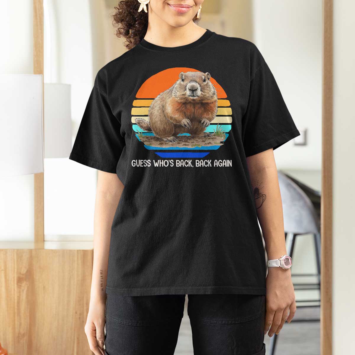 Groundhog Day T Shirt For Women Retro Vintage Funny Woodchuck Guess Whos Back - Wonder Print Shop