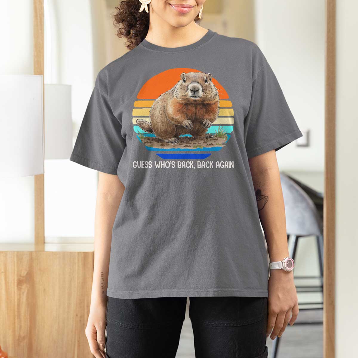 Groundhog Day T Shirt For Women Retro Vintage Funny Woodchuck Guess Whos Back - Wonder Print Shop