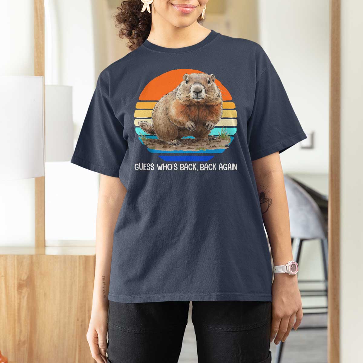 Groundhog Day T Shirt For Women Retro Vintage Funny Woodchuck Guess Whos Back - Wonder Print Shop