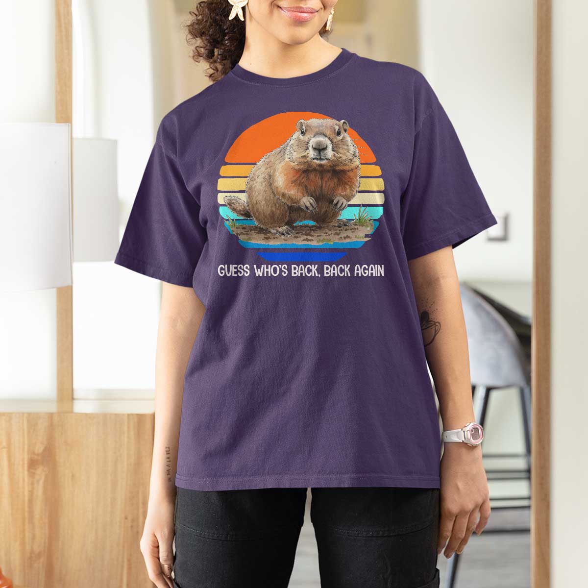 Groundhog Day T Shirt For Women Retro Vintage Funny Woodchuck Guess Whos Back - Wonder Print Shop
