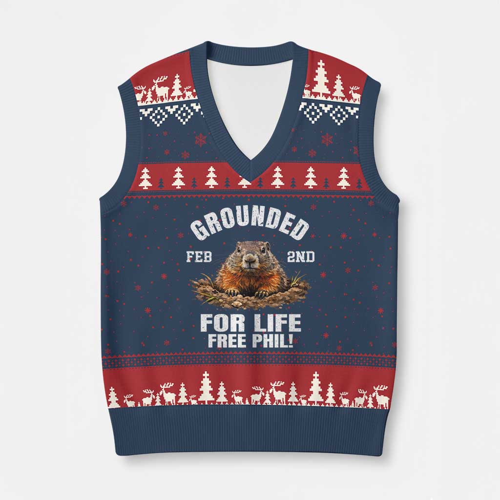 Funny Groundhog V-Neck Knit Sweater Vest Grounded For Life Ground Hog Day - Wonder Print Shop