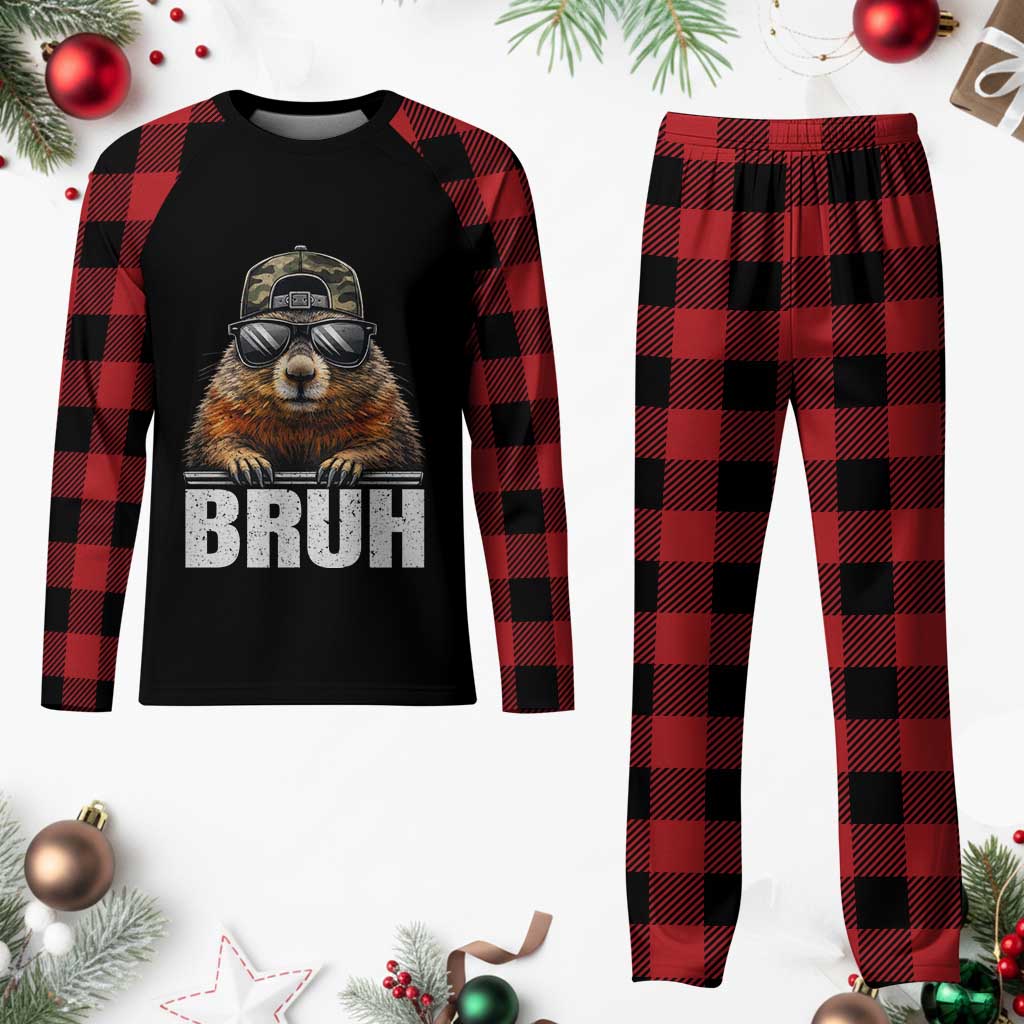 Bruh Groundhog Plaid Pajama Set Funny Woodchuck Camo Hat Youth Teens Kids Slang - Wonder Print Shop