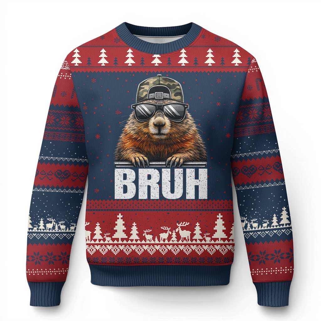 Bruh Groundhog Ugly Christmas Sweater Funny Woodchuck Camo Hat Youth Teens Kids Slang - Wonder Print Shop