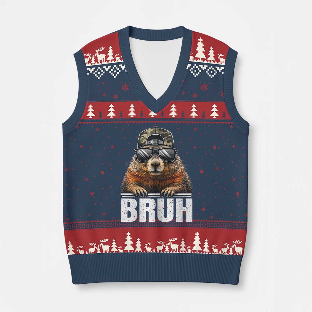 Bruh Groundhog V-Neck Knit Sweater Vest Funny Woodchuck Camo Hat Youth Teens Kids Slang - Wonder Print Shop