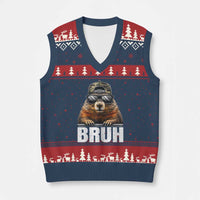 Bruh Groundhog V-Neck Knit Sweater Vest Funny Woodchuck Camo Hat Youth Teens Kids Slang - Wonder Print Shop