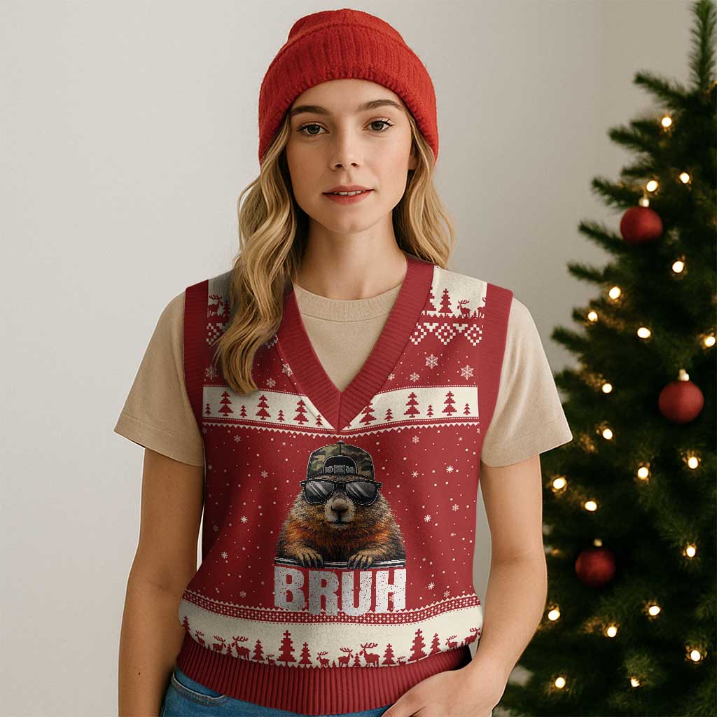 Bruh Groundhog V-Neck Knit Sweater Vest Funny Woodchuck Camo Hat Youth Teens Kids Slang - Wonder Print Shop