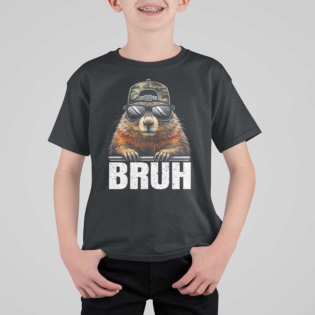 Bruh Groundhog T Shirt For Kid Funny Woodchuck Camo Hat Youth Teens Kids Slang - Wonder Print Shop