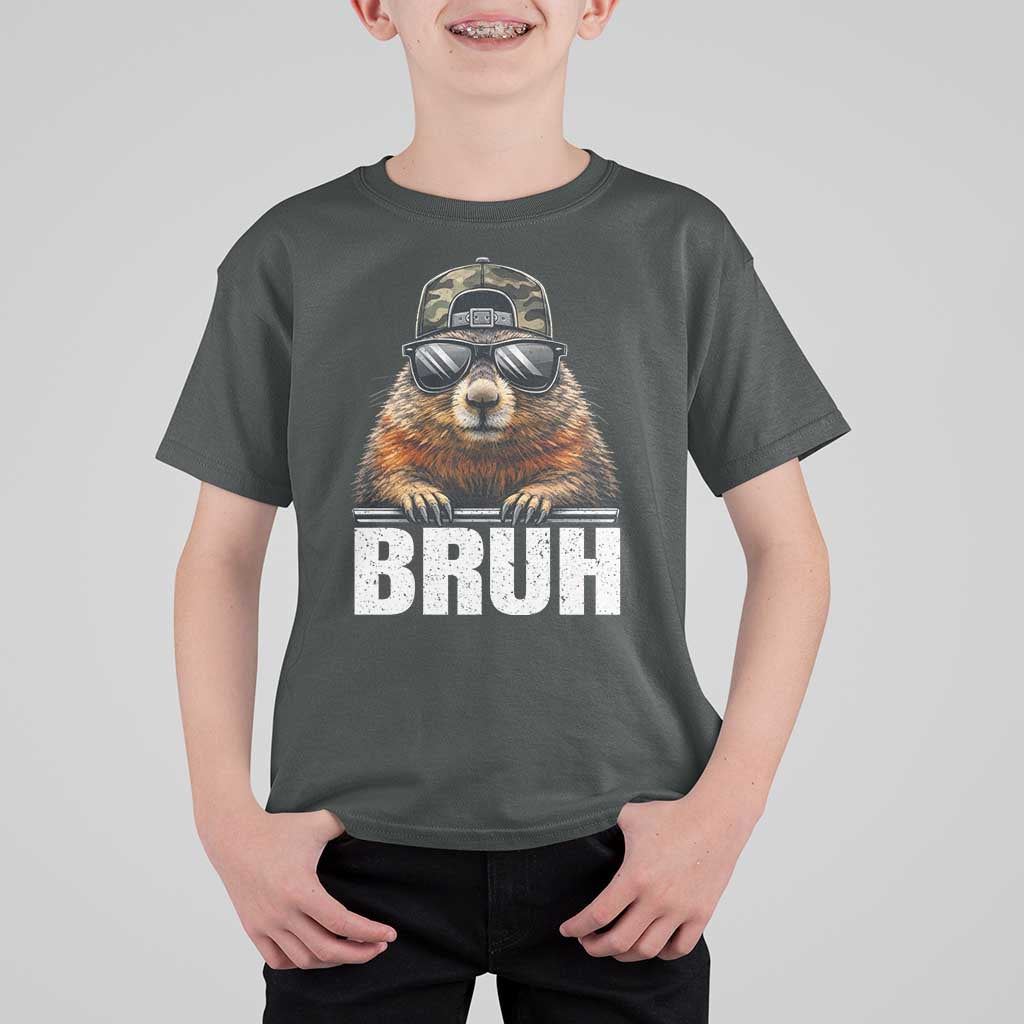 Bruh Groundhog T Shirt For Kid Funny Woodchuck Camo Hat Youth Teens Kids Slang - Wonder Print Shop