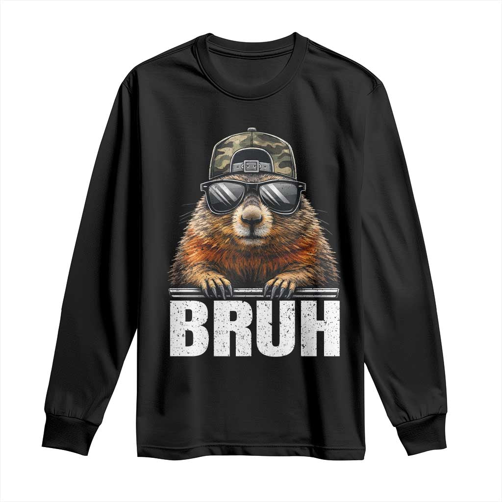 Bruh Groundhog Long Sleeve Shirt Funny Woodchuck Camo Hat Youth Teens Kids Slang - Wonder Print Shop