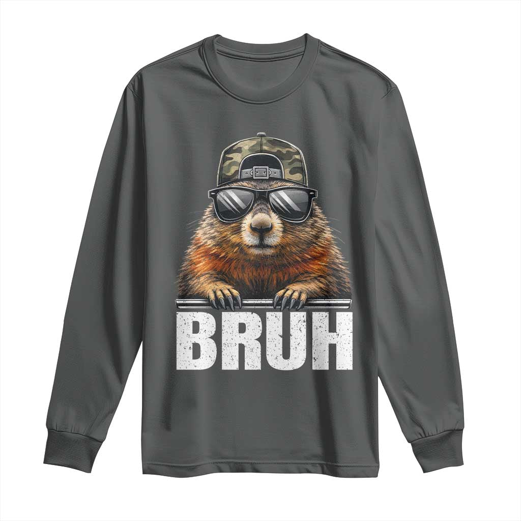 Bruh Groundhog Long Sleeve Shirt Funny Woodchuck Camo Hat Youth Teens Kids Slang - Wonder Print Shop