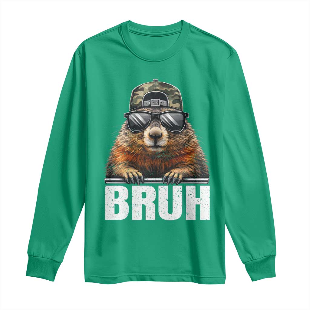 Bruh Groundhog Long Sleeve Shirt Funny Woodchuck Camo Hat Youth Teens Kids Slang - Wonder Print Shop