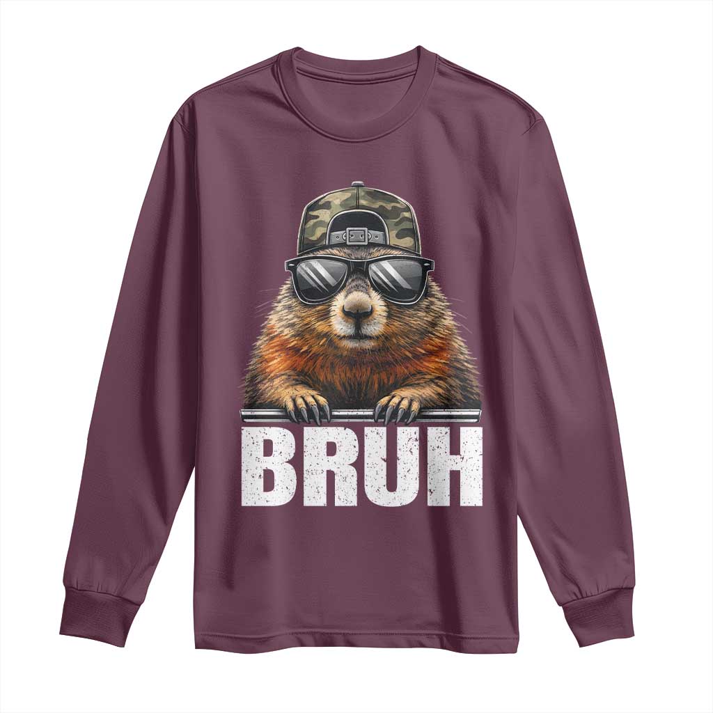 Bruh Groundhog Long Sleeve Shirt Funny Woodchuck Camo Hat Youth Teens Kids Slang - Wonder Print Shop