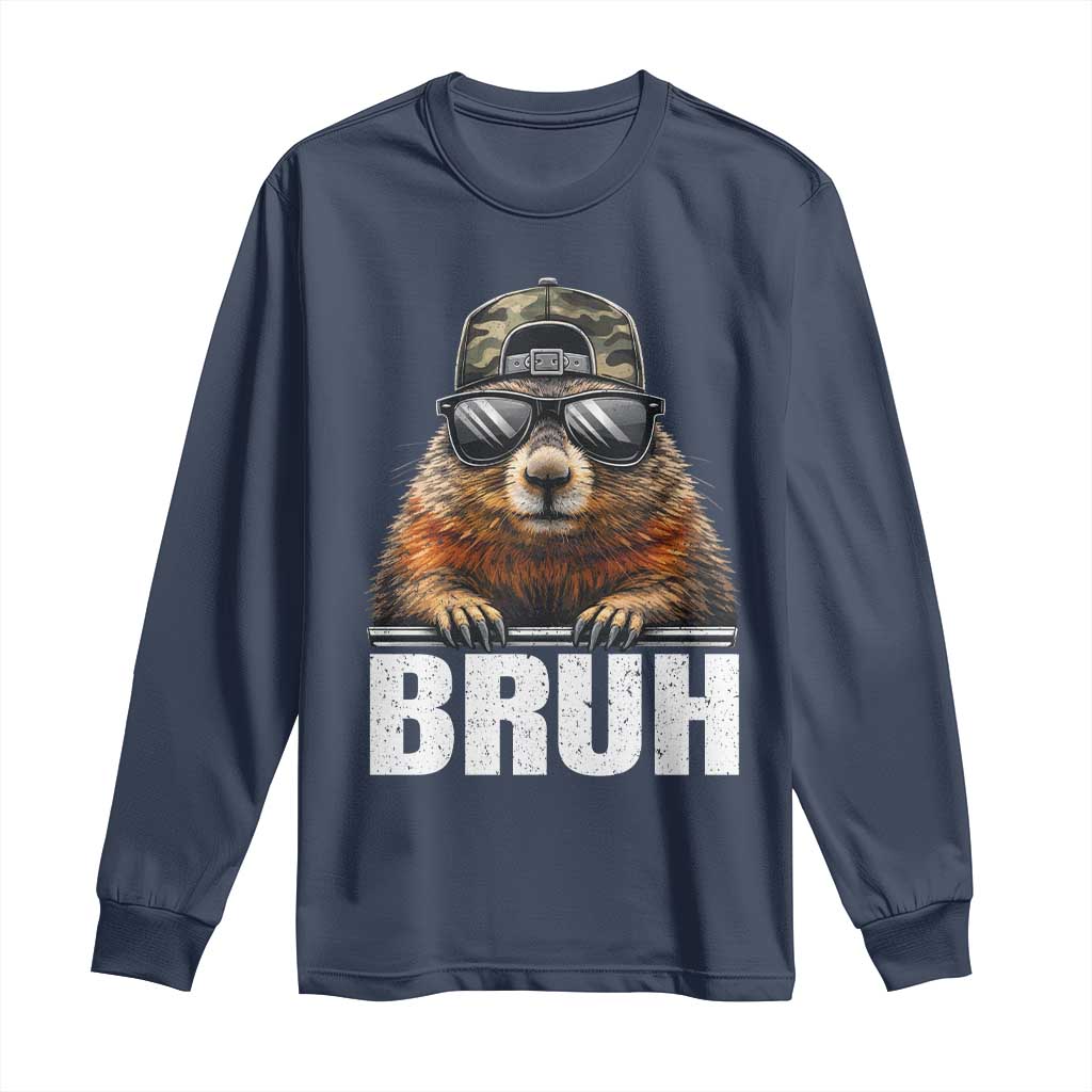 Bruh Groundhog Long Sleeve Shirt Funny Woodchuck Camo Hat Youth Teens Kids Slang - Wonder Print Shop