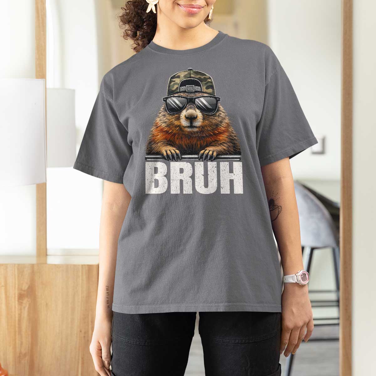 Bruh Groundhog T Shirt For Women Funny Woodchuck Camo Hat Youth Teens Kids Slang - Wonder Print Shop