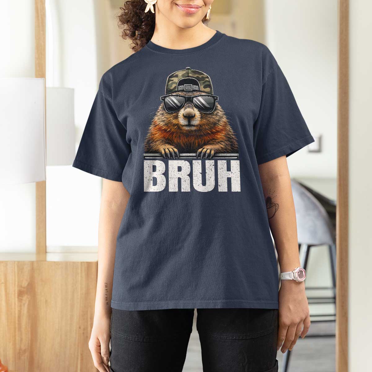Bruh Groundhog T Shirt For Women Funny Woodchuck Camo Hat Youth Teens Kids Slang - Wonder Print Shop