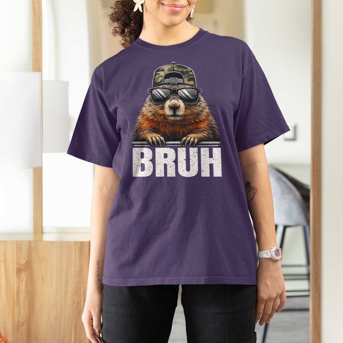 Bruh Groundhog T Shirt For Women Funny Woodchuck Camo Hat Youth Teens Kids Slang - Wonder Print Shop
