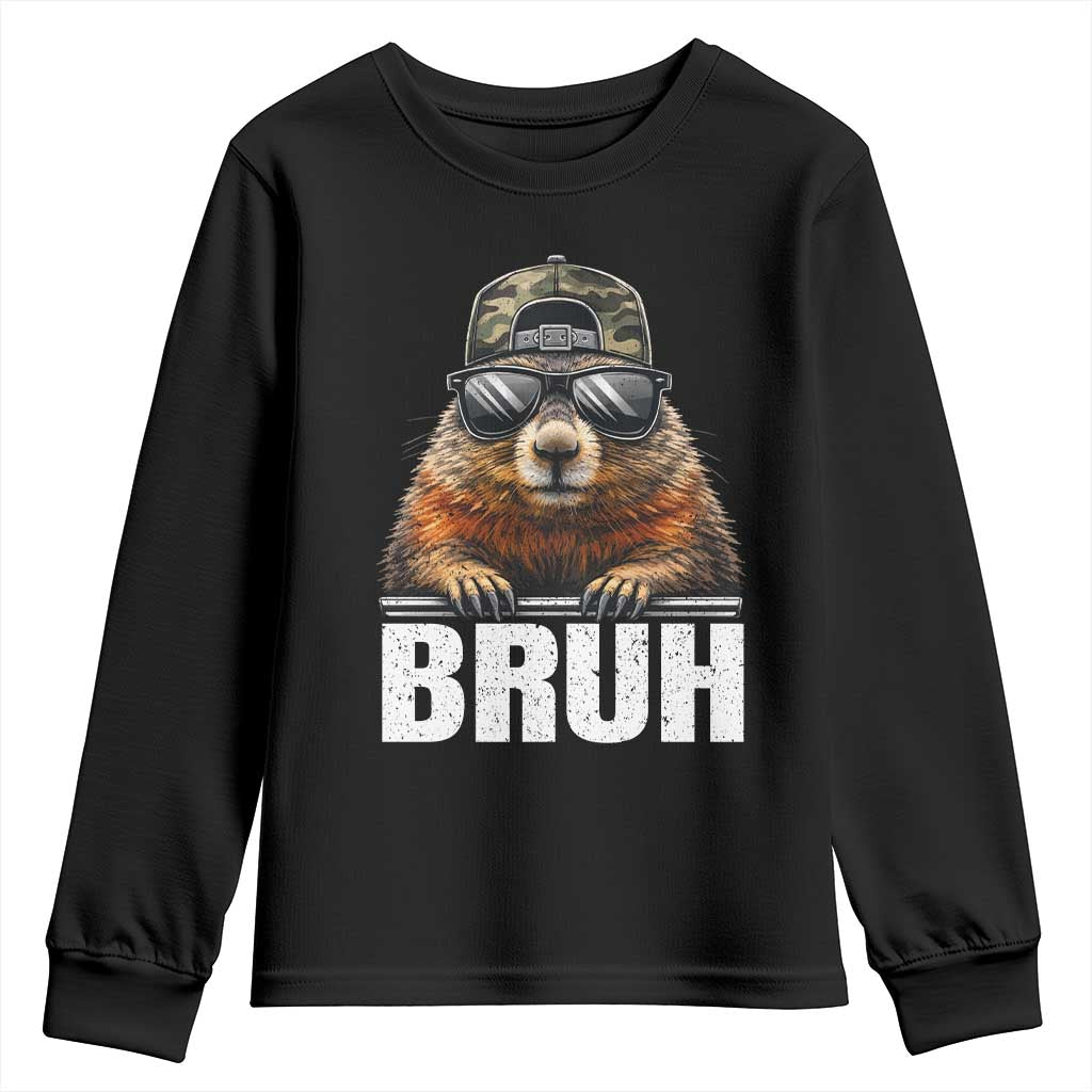 Bruh Groundhog Youth Sweatshirt Funny Woodchuck Camo Hat Youth Teens Kids Slang - Wonder Print Shop