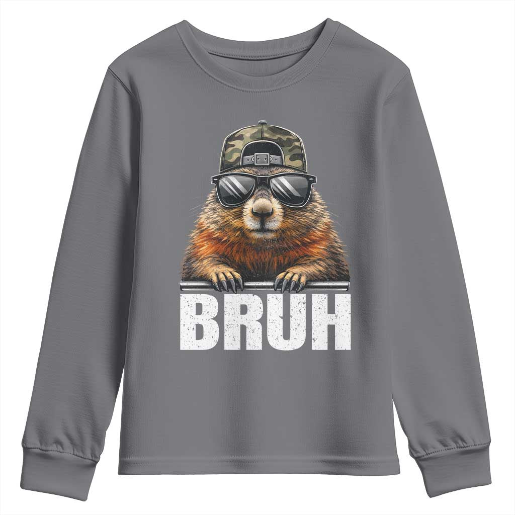 Bruh Groundhog Youth Sweatshirt Funny Woodchuck Camo Hat Youth Teens Kids Slang - Wonder Print Shop