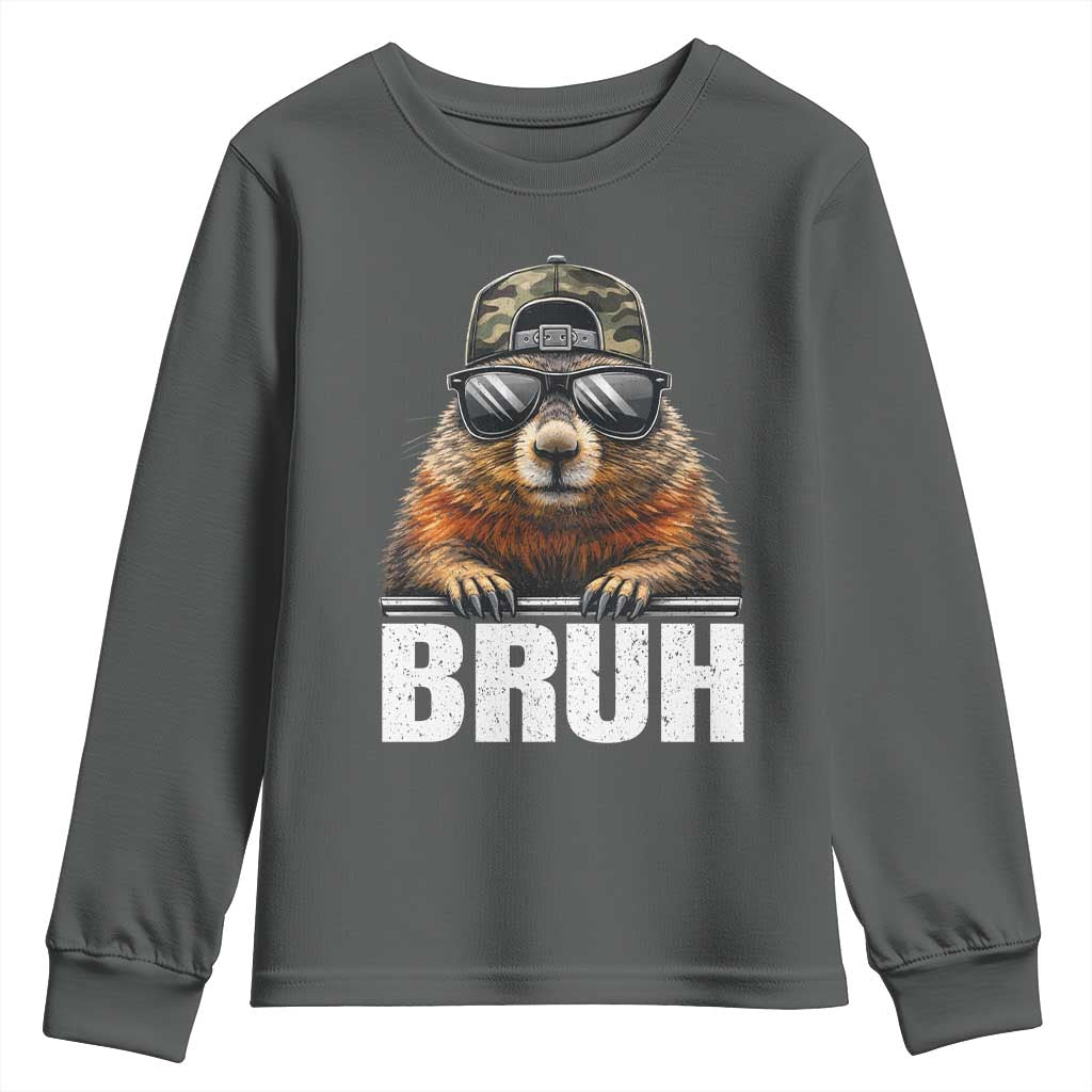 Bruh Groundhog Youth Sweatshirt Funny Woodchuck Camo Hat Youth Teens Kids Slang - Wonder Print Shop