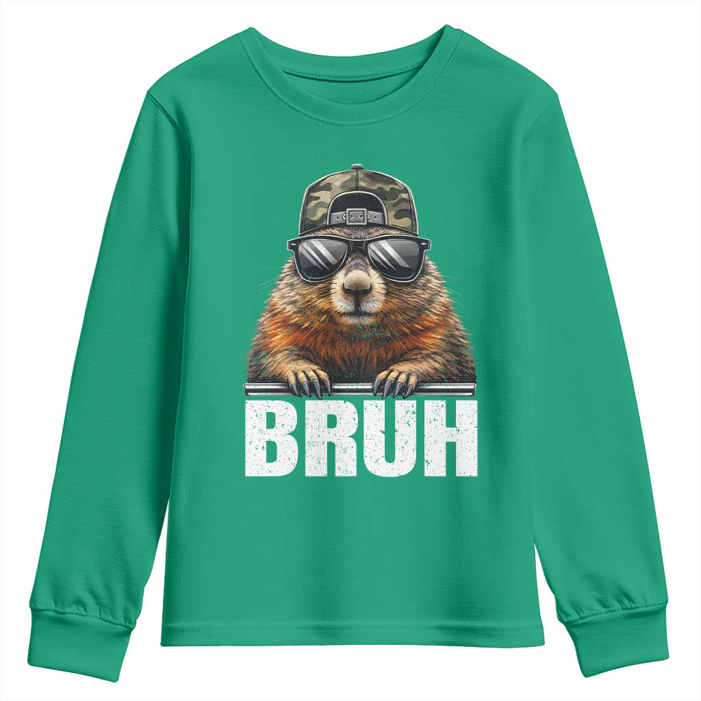 Bruh Groundhog Youth Sweatshirt Funny Woodchuck Camo Hat Youth Teens Kids Slang - Wonder Print Shop