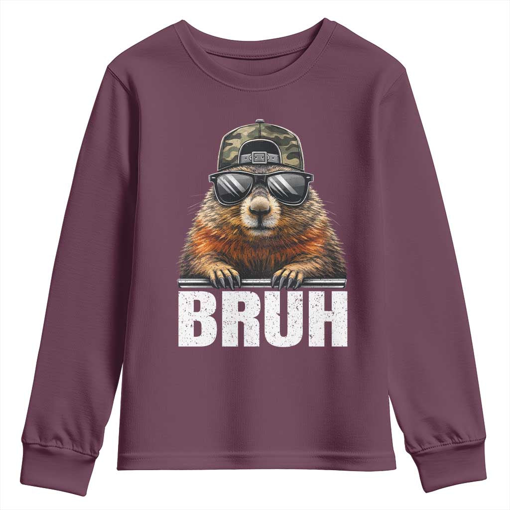 Bruh Groundhog Youth Sweatshirt Funny Woodchuck Camo Hat Youth Teens Kids Slang - Wonder Print Shop