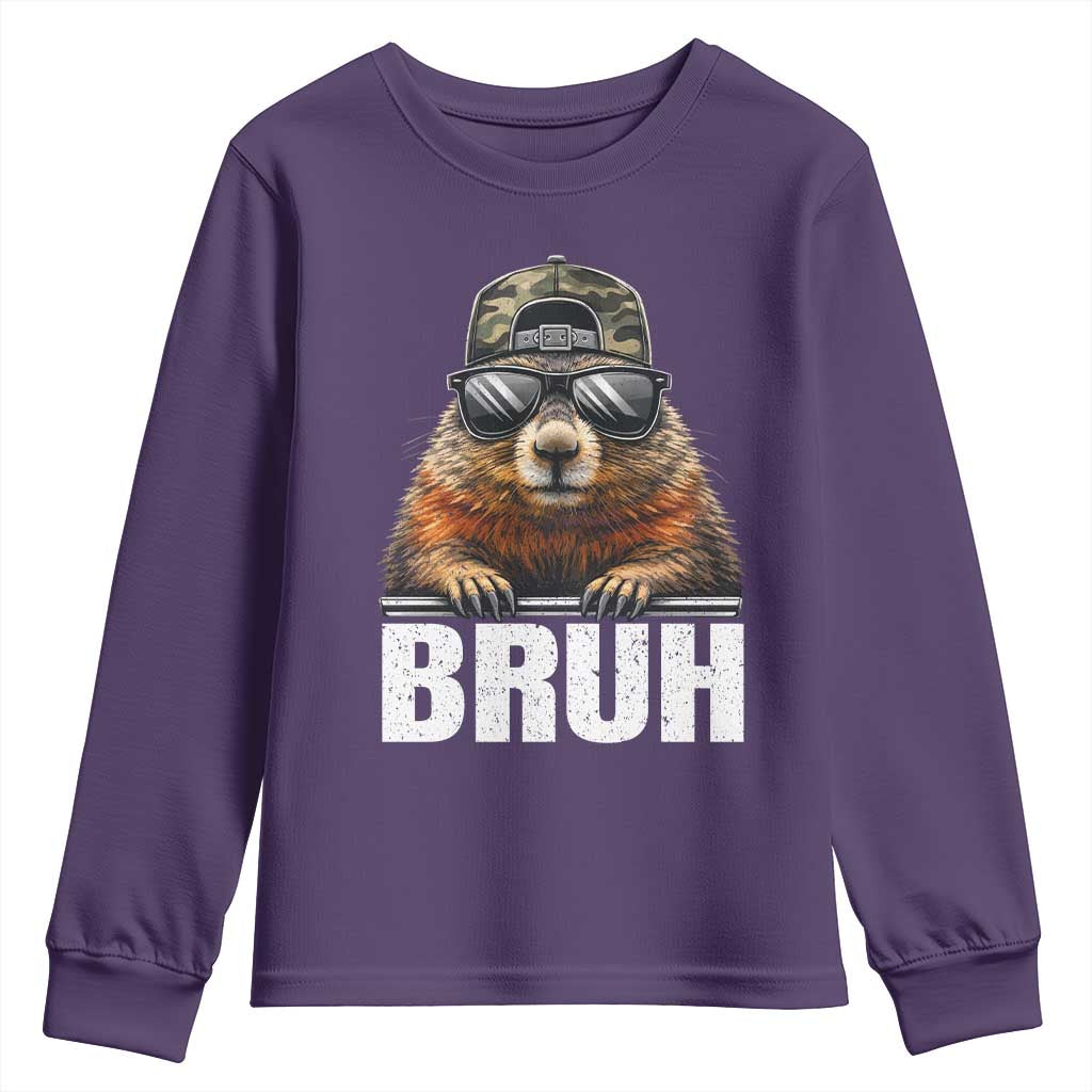 Bruh Groundhog Youth Sweatshirt Funny Woodchuck Camo Hat Youth Teens Kids Slang - Wonder Print Shop