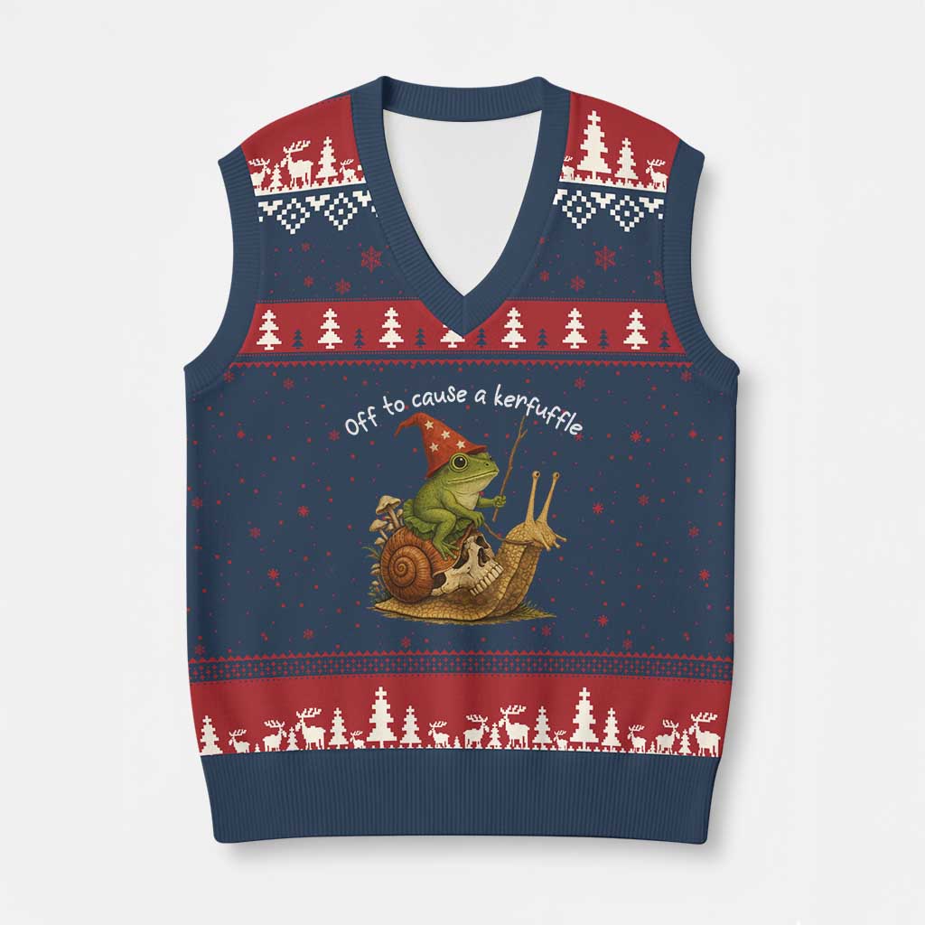 Whimsical Frog Wizard Meme V-Neck Knit Sweater Vest Off to Cause A Kerfuffle - Wonder Print Shop