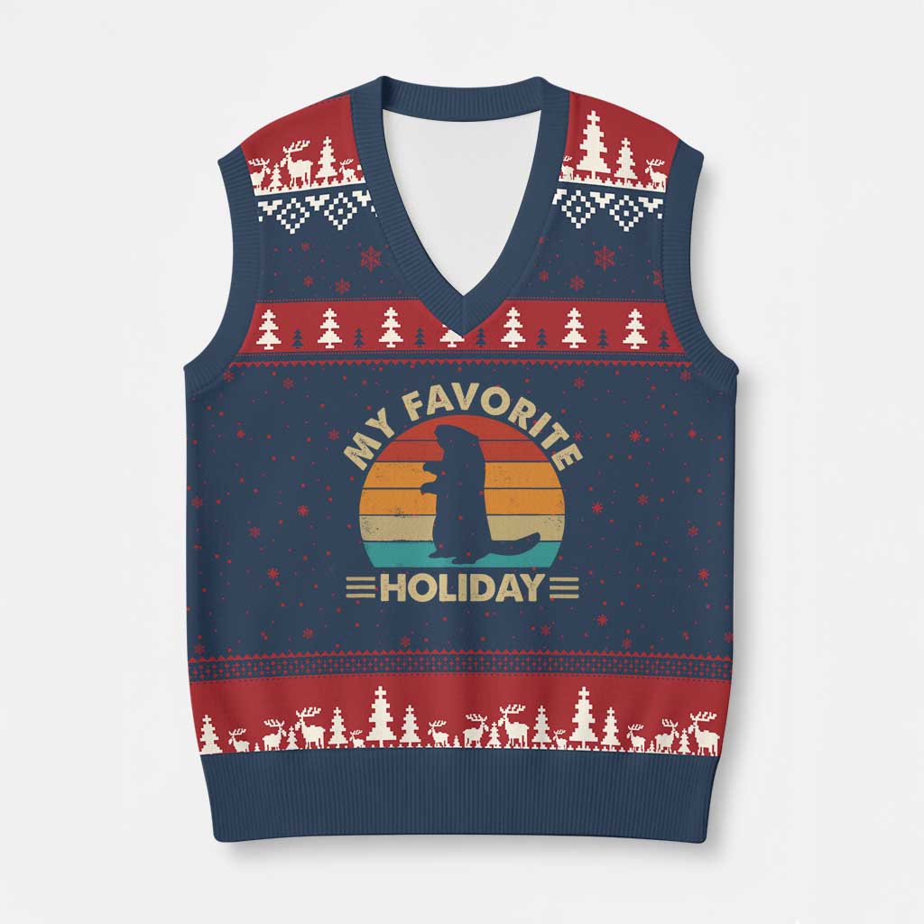Groundhog Day V-Neck Knit Sweater Vest My Favorite Holiday Retro Woodchuck - Wonder Print Shop