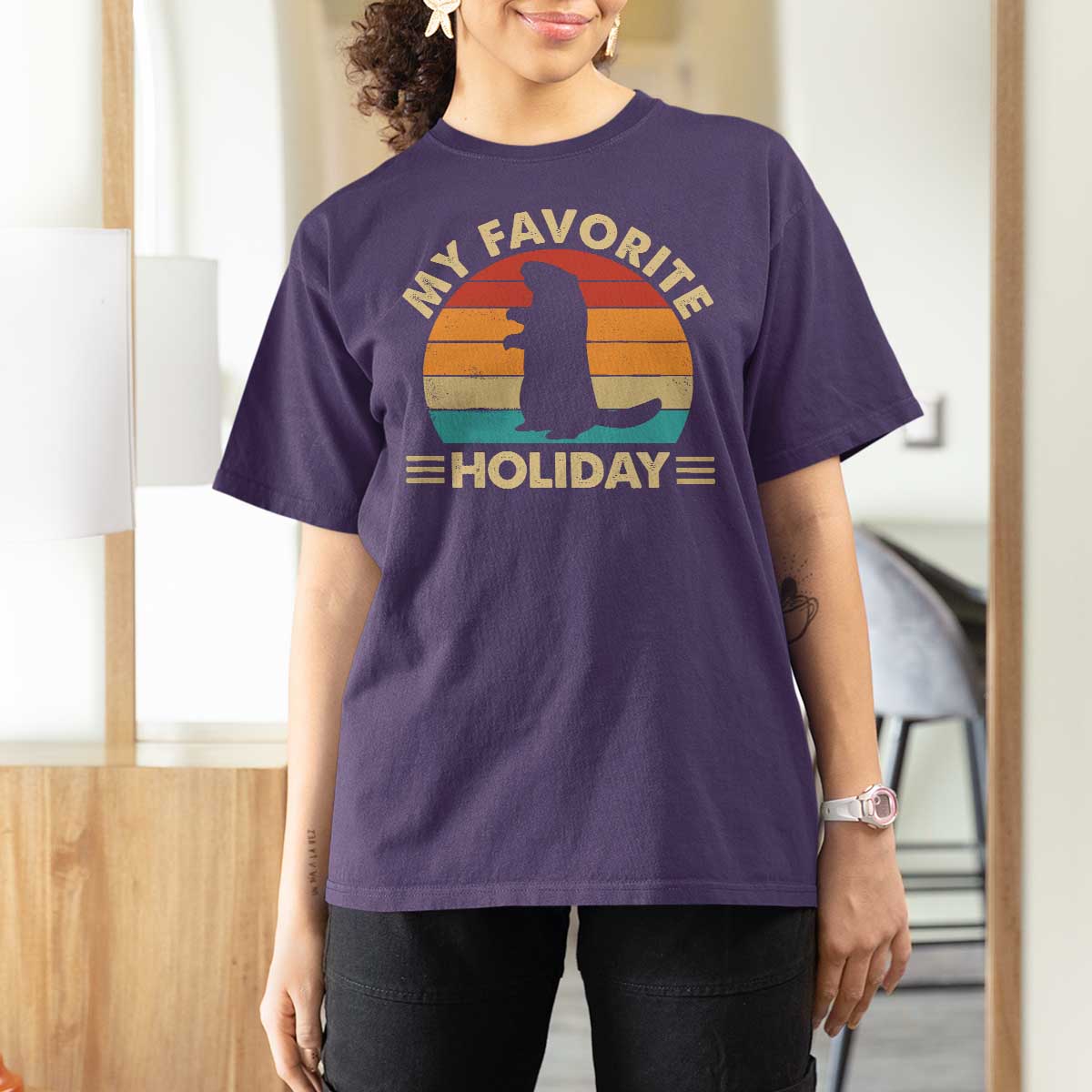 Groundhog Day T Shirt For Women My Favorite Holiday Retro Woodchuck - Wonder Print Shop