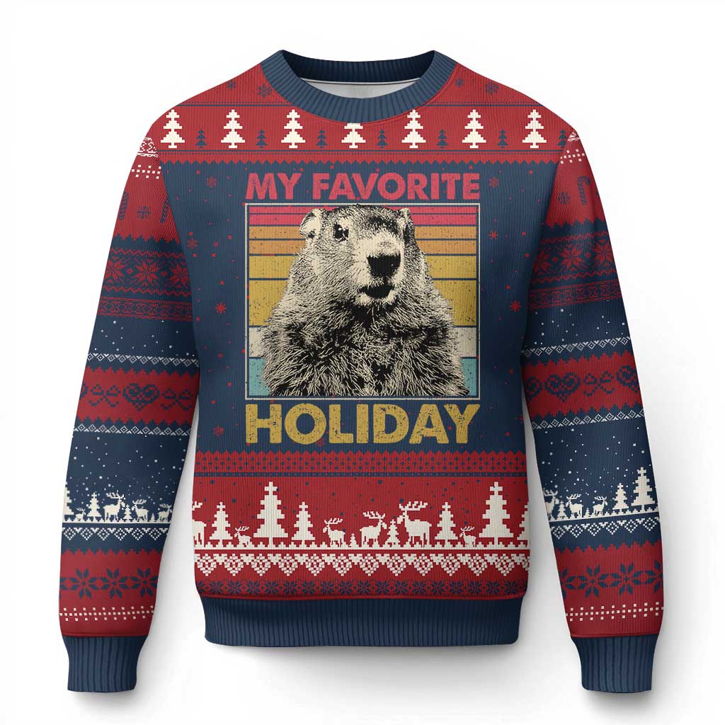 Groundhog Day Ugly Christmas Sweater Retro My Favorite Holiday Retro Woodchuck