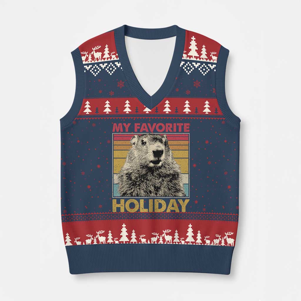 Groundhog Day V-Neck Knit Sweater Vest Retro My Favorite Holiday Retro Woodchuck