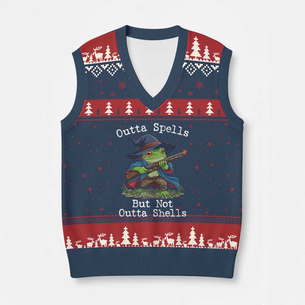 Wizard Frog Meme V-Neck Knit Sweater Vest Outta Spells But Not Outta Shells - Wonder Print Shop