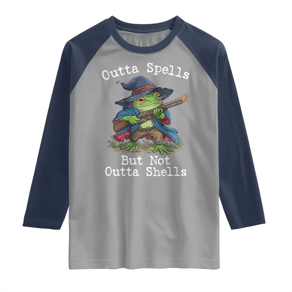 Wizard Frog Meme Raglan Shirt Outta Spells But Not Outta Shells - Wonder Print Shop