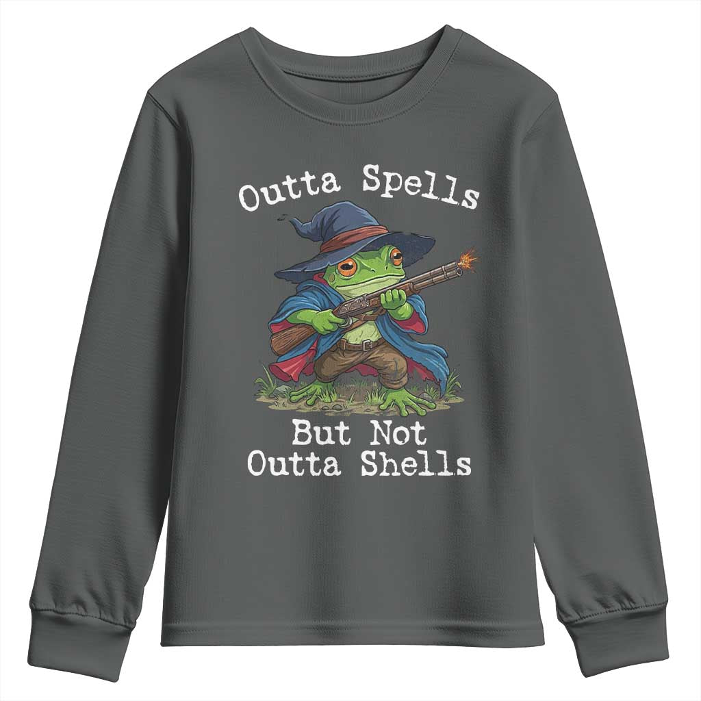 Wizard Frog Meme Youth Sweatshirt Outta Spells But Not Outta Shells - Wonder Print Shop