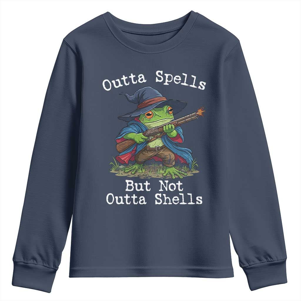 Wizard Frog Meme Youth Sweatshirt Outta Spells But Not Outta Shells - Wonder Print Shop