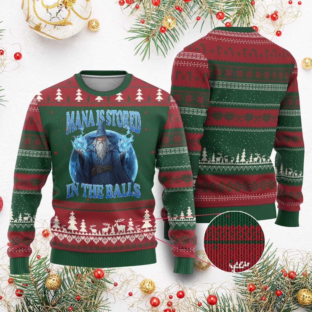 Funny Wizard Ugly Christmas Sweater Mana is Stored in The Balls Magician Sorcerer Witcher - Wonder Print Shop