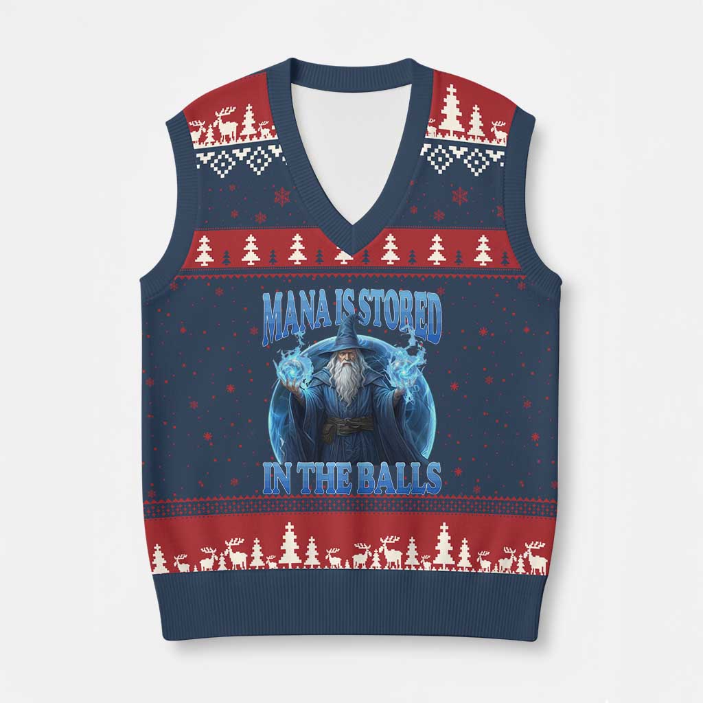 Funny Wizard V-Neck Knit Sweater Vest Mana is Stored in The Balls Magician Sorcerer Witcher - Wonder Print Shop