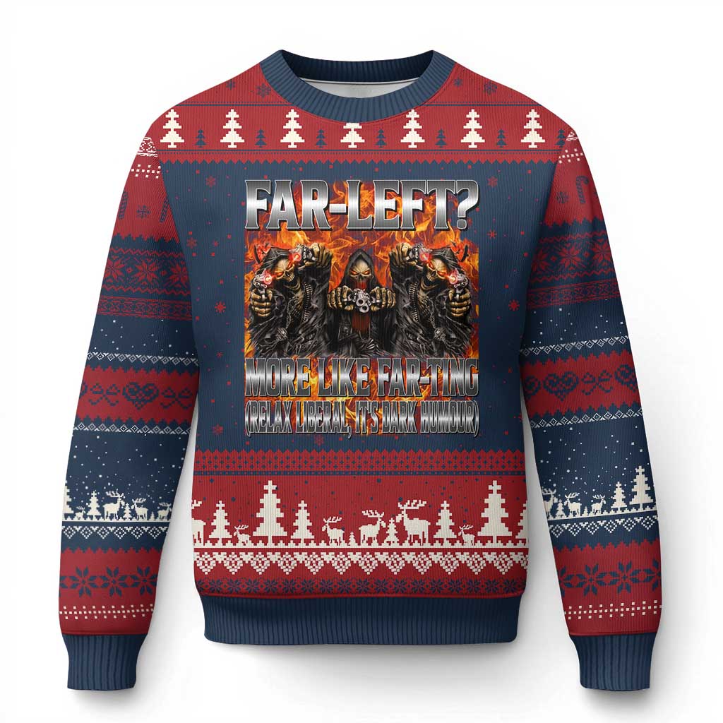 Funny Hard Skeleton Meme Bootleg Ugly Christmas Sweater Far Left? More Like Farting - Wonder Print Shop