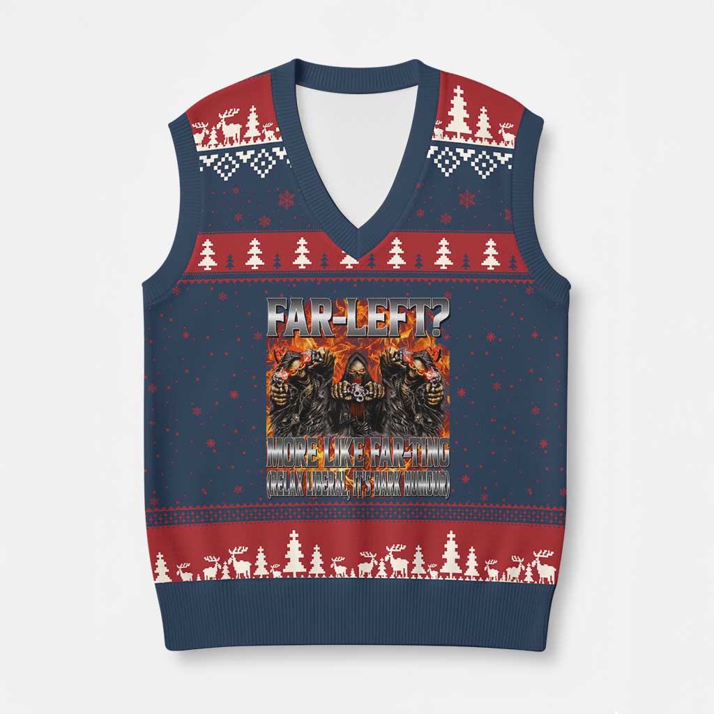 Funny Hard Skeleton Meme Bootleg V-Neck Knit Sweater Vest Far Left? More Like Farting - Wonder Print Shop