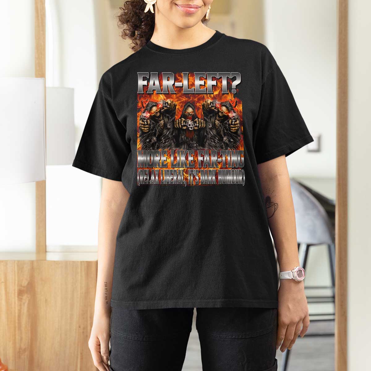 Funny Hard Skeleton Meme Bootleg T Shirt For Women Far Left? More Like Farting - Wonder Print Shop
