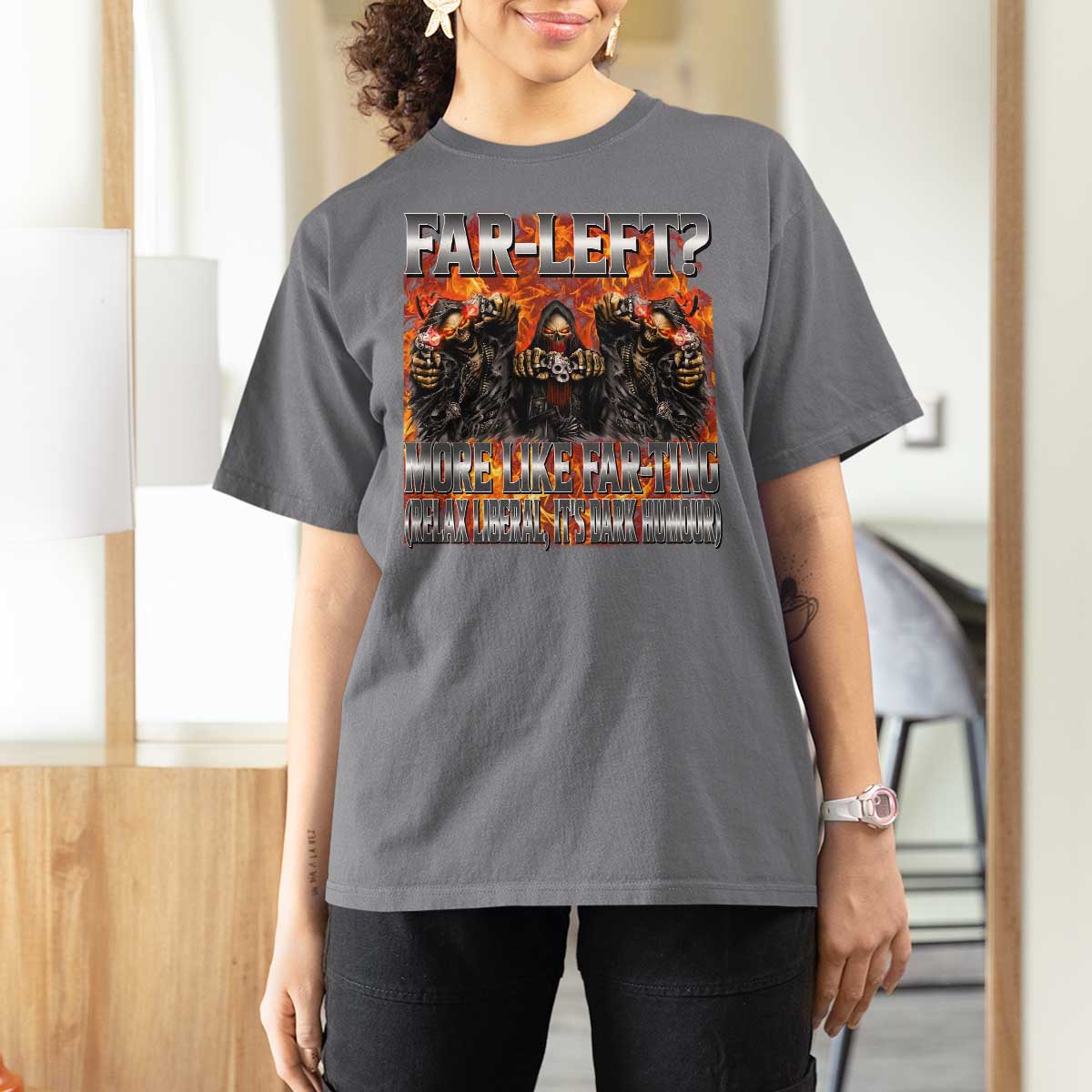 Funny Hard Skeleton Meme Bootleg T Shirt For Women Far Left? More Like Farting - Wonder Print Shop